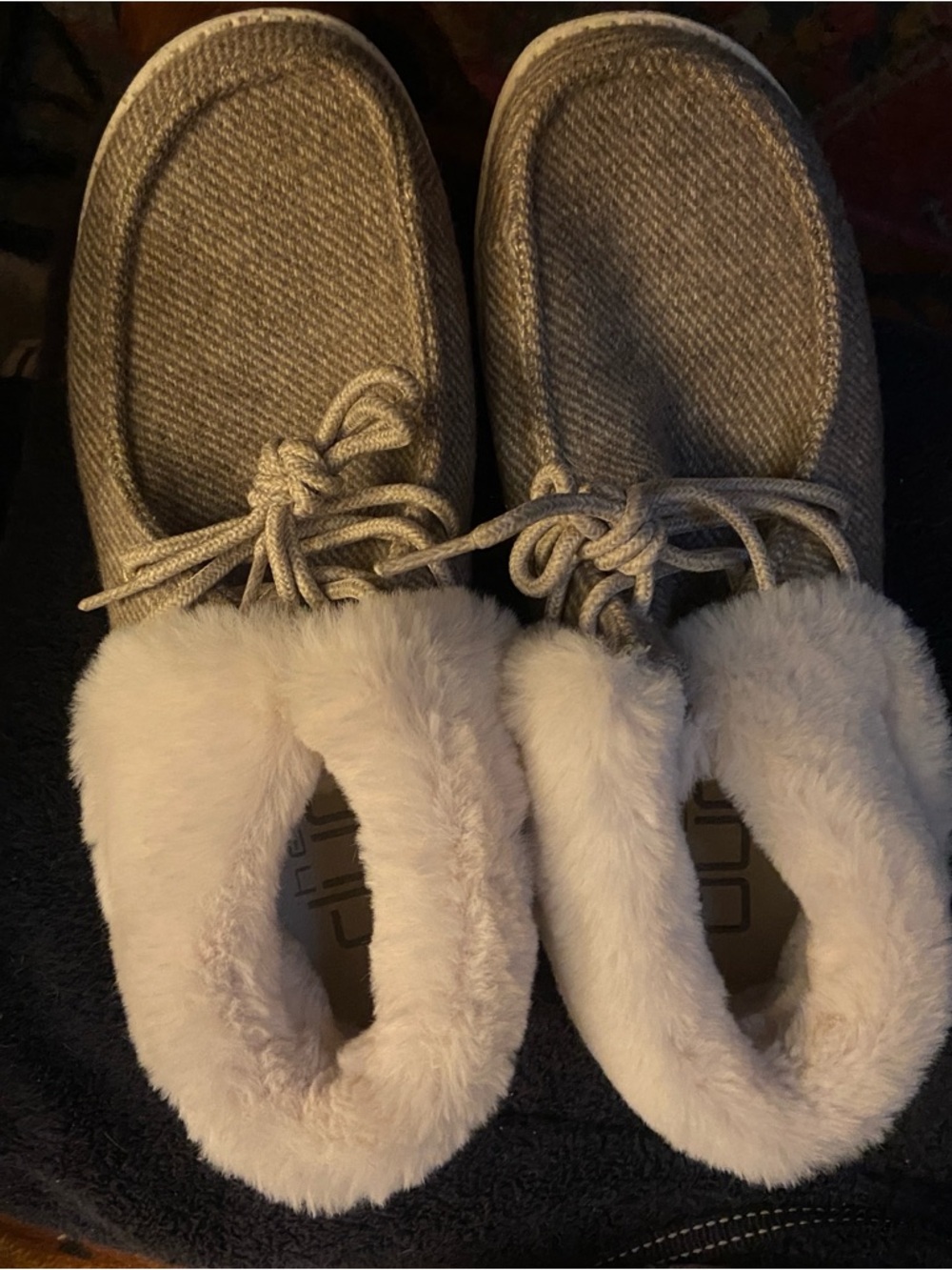 Hey Dude Women's Taupe Moccasin Slippers with Cream Faux-Fur Lining